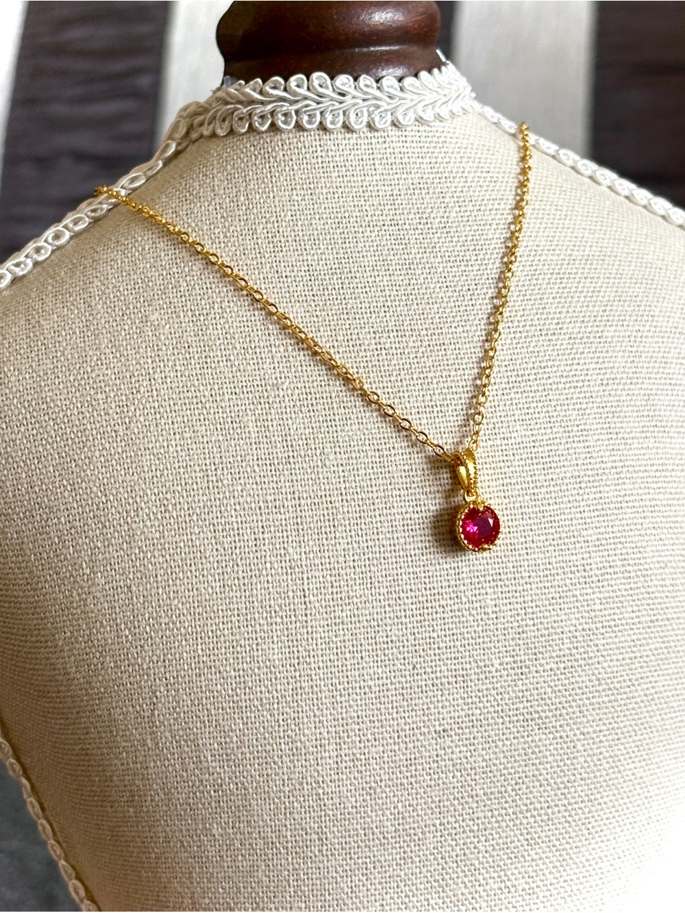 Delicate Necklace with Red Gem Pendant - Women's Jewelry
